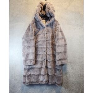 ASA Fashion Group Aofur Faux Fur Coat Women L Hood Long Plush Warm Winter Jacket